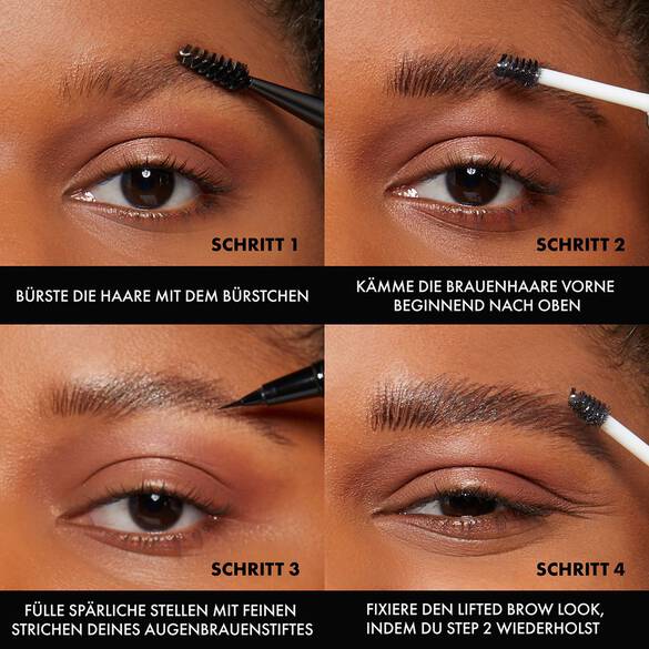 Nahaufnahme einer Augenpartie, die in vier Schritten mit dem Brow Glue und dem Lift & Snatch Brow Tint Pens von NYX Professional Makeup gestylt wird