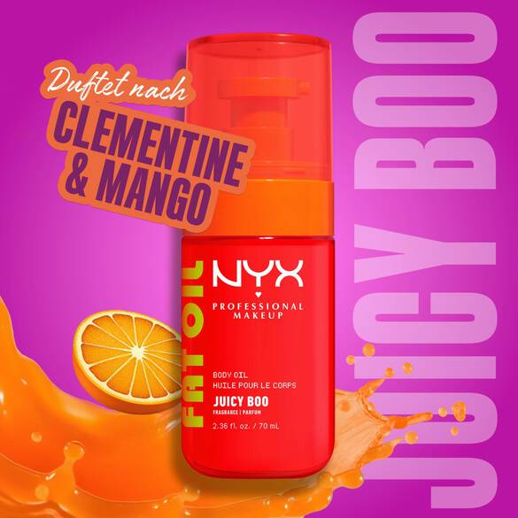 Das leuchtend rote Fat Oil Body Oil „Juicy Boo“ wird werblich mit einer Orange und dem Hinweis auf den Duft nach Clementine und Mango inszeniert.