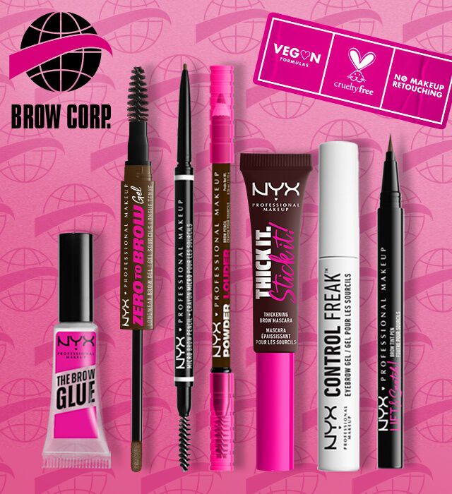 Sieben verschiedene NYX Augenbrauenprodukte nebeneinander vor pinkem Hintergrund