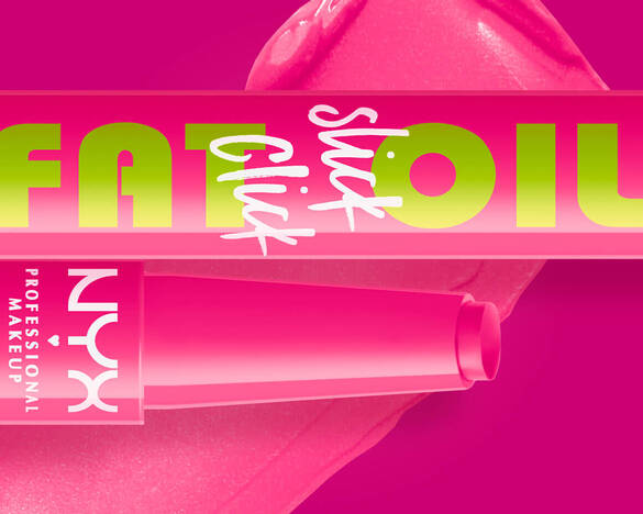 Eine Nahaufnahme des horizontal liegenden NYX Fat Oil Slick Click Lippenstifts vor einem farblich passenden pinken Hintergrund.