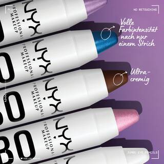 Funf Farben des Jumbo Eye Pencil von NYX Professional Makeup mit der Beschreibung: volle Farbintensitat und ultra-cremig