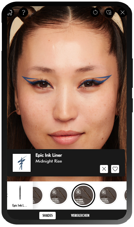 Anleitung fur das Virtual-Try-On-Tool von NYX Professional Makeup: Schritt 4: Junge Frau mit dem Epic Ink Liner in einer blauen Farbe