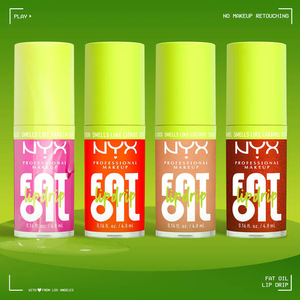 Vier verschiedene Shades des NYX Fat Oil Lip Drips werden nebeneinander auf einem grunen Untergrund prasentiert.
