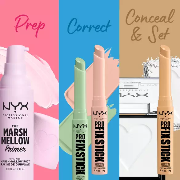 NYX Makeup-Produkte: Primer, Corrector und Concealer in drei bunten Flaschen und einem Puder-Compact.