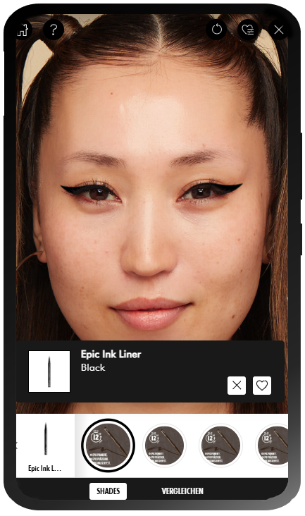 Anleitung fur das Virtual-Try-On-Tool von NYX Professional Makeup: Schritt 3: Junge Frau mit virtuell aufgetragenem Epic Ink Liner in schwarzer Farbe