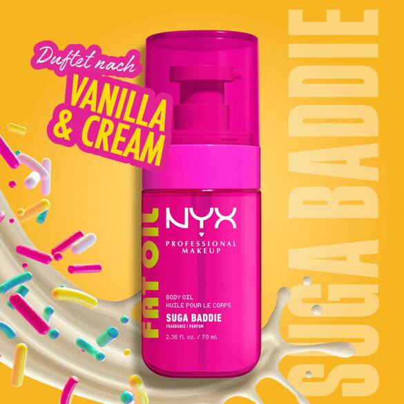 NYX Professional Makeup Fat Oil Body Oil in Suga Baddie scent, bright pink bottle, with vanilla cream swirl and colorful sprinkles, labeled as smelling like vanilla and cream, on a yellow background.