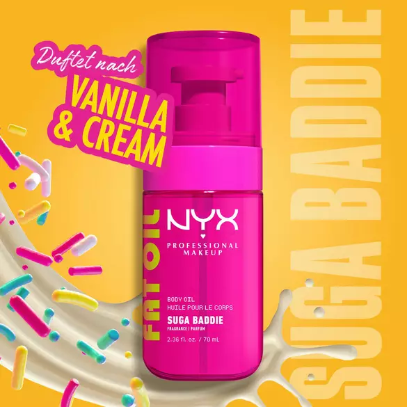 NYX Professional Makeup Fat Oil Body Oil in Suga Baddie scent, bright pink bottle, with vanilla cream swirl and colorful sprinkles, labeled as smelling like vanilla and cream, on a yellow background.