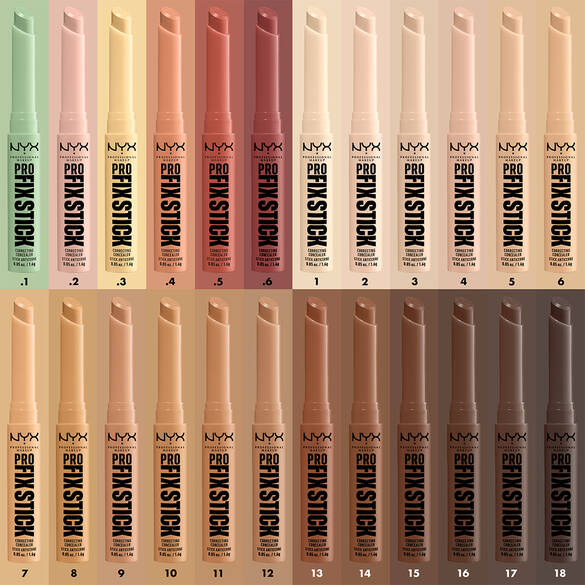 Bild zeigt eine Reihe von 18 NYX Pro Foundation Sticks in verschiedenen Farben, angeordnet in zwei Reihen.