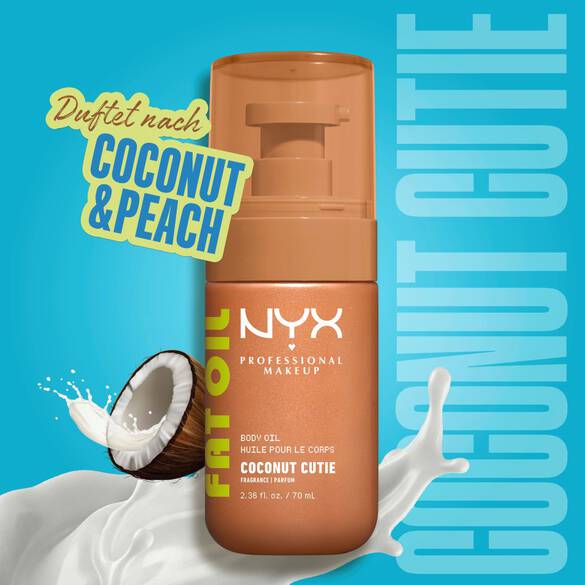 Das NYX Coconut Cutie Body Oil wird mit einer Kokosnuss, einem Milchsplash und dem Hinweis auf den Kokos-Pfirsich-Duft inszeniert.