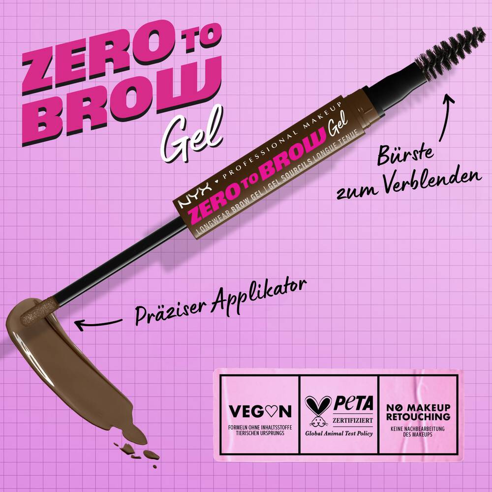 Zero to Brow Longwear Gel Applikator und die Vorteile der Formel: vegan, tierversuchsfrei und keine Make-up-Retusche