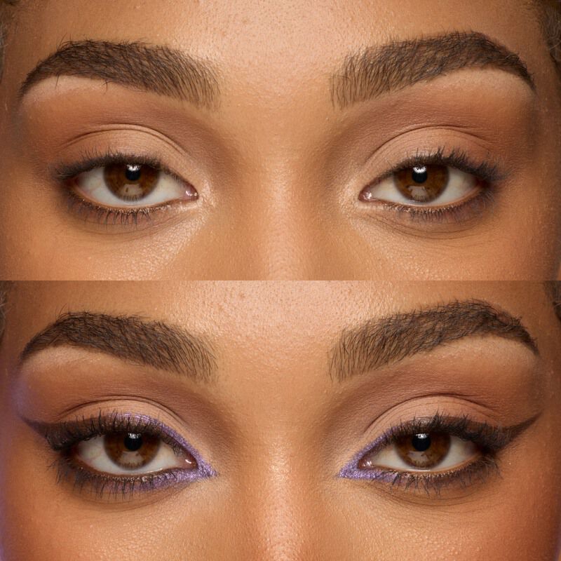  Vorher-Nachher-Vergleich einer Augenpartie: Ungeschminkt vs. optisch großer geschminkt durch Platzierung von hellem Lidschatten und Primer im inneren Augenwinkel und buntem Eyeliner