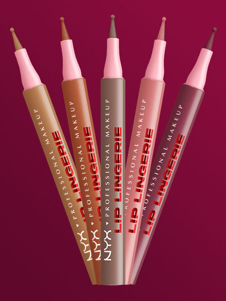 Funf Lip Lingerie Lipliner in verschiedenen Farben vor weinrotem Hintergrund
