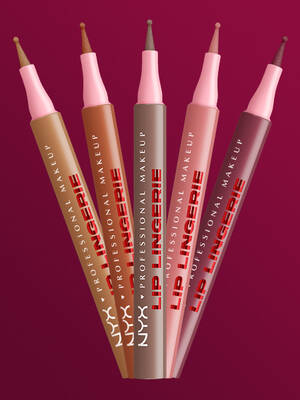 Funf Lip Lingerie Lipliner in verschiedenen Farben vor weinrotem Hintergrund