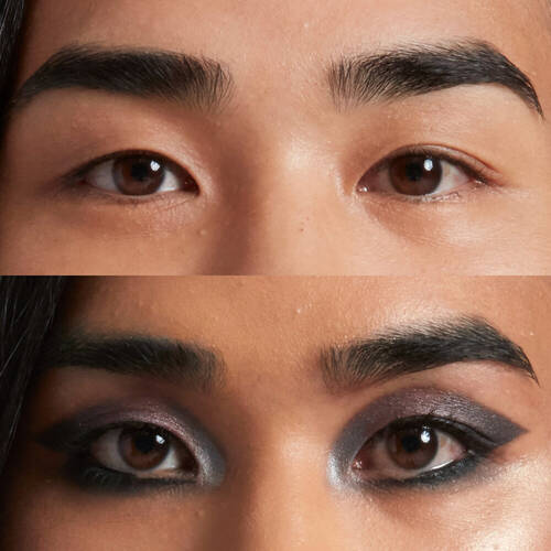 Vorher-Nachher-Vergleich von einer Augenpartie mit Smokey Eyes und einem intensiven Blick