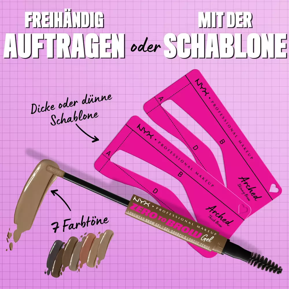 Zero to Brow Longwear Gel Applikator neben zwei pinken Zero to Brow Stencil Augenbrauen-Schablonen von NYX Professional Makeup