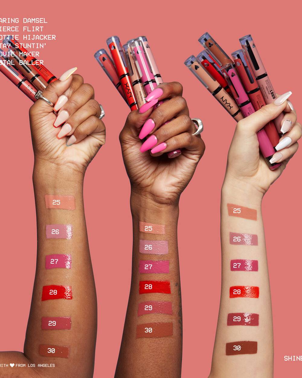 Drei Unterarme unterschiedlicher Hauttone mit jeweils sechs Swatches des NYX Shine Loud High Shine Lip Color