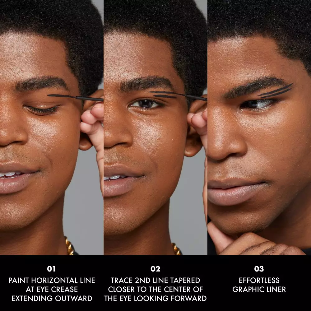 Mann bekommt in drei Schritten Graphic Eyeliner gezogen