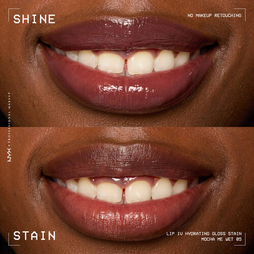 Dunkler Hautton: Nahaufnahme von Lippen mit dem Lip IV Hydrating Gloss Stain in der Farbe Mocha me wet