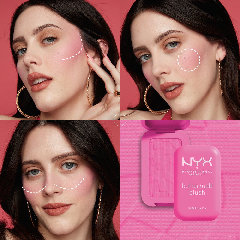 Gesicht einer Frau, das die verschiedenen Platzierungen von Blush zeigt