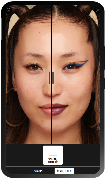 Anleitung fur das Virtual-Try-On-Tool von NYX Professional Makeup: Schritt 6: Junge Frau mit einem senkrechten Regler im Gesicht, fur den Vorher-Nachher-Vergleich