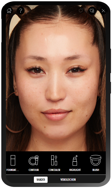 Anleitung fur das Virtual-Try-On-Tool von NYX Professional Makeup: Schritt 2: Gesicht einer jungen Frau, darunter alle Make-up-Kategorien von NYX Professional Makeup
