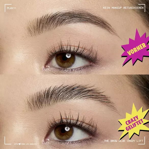 Vorher-Nachher-Vergleich von naturlichen und gelifteten Augenbrauen mit dem Brow Glue Crazy Lift von NYX Professional Makeup