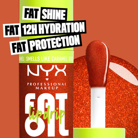 Eine Darstellung des NYX Lippenols hebt die Vorteile „Fat Glanz“, „Fat Feuchtigkeit“ und „Fat Pflege“ hervor.