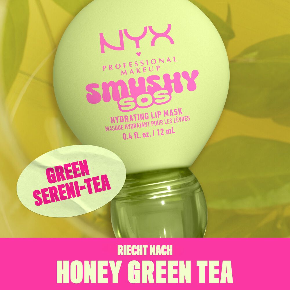 NYX Smushy SOS Lip Balm in Green Sereni-Tea und passenden Inhaltsstoffen im Hintergrund 