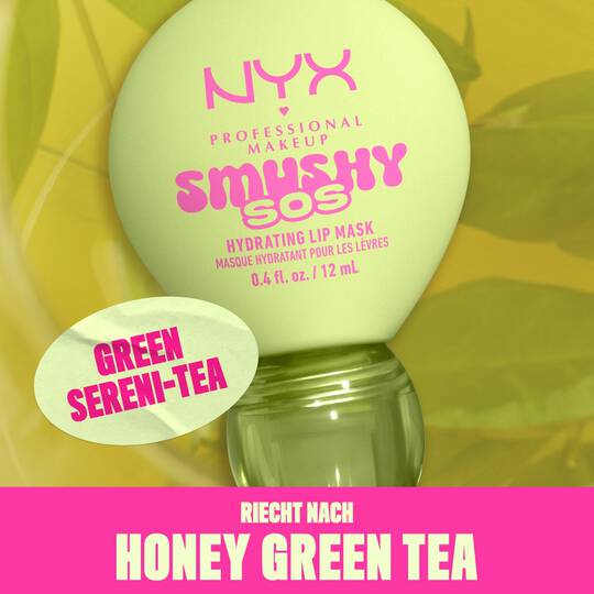 NYX Smushy SOS Lip Balm in Green Sereni-Tea und passenden Inhaltsstoffen im Hintergrund
