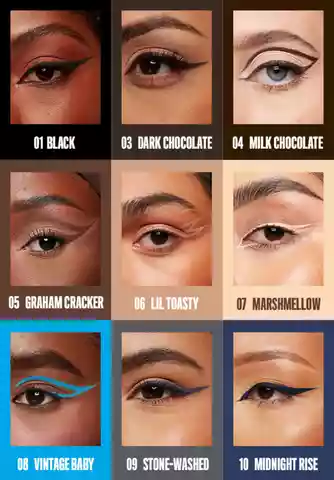 10 Eyeliner-Looks geschminkt mit unterschiedlichen Farben des Epic Ink Eyeliners