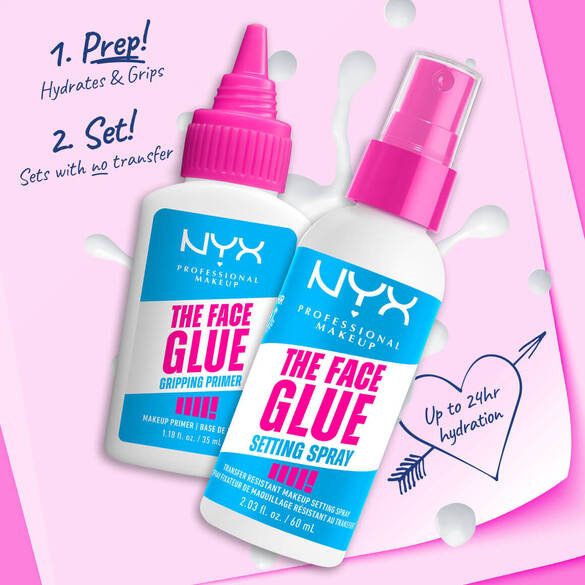 Zwei NYX Produkte: The Face Glue Primer und Setting Spray, ideal fur langanhaltendes Make-up ohne Abdrucke.