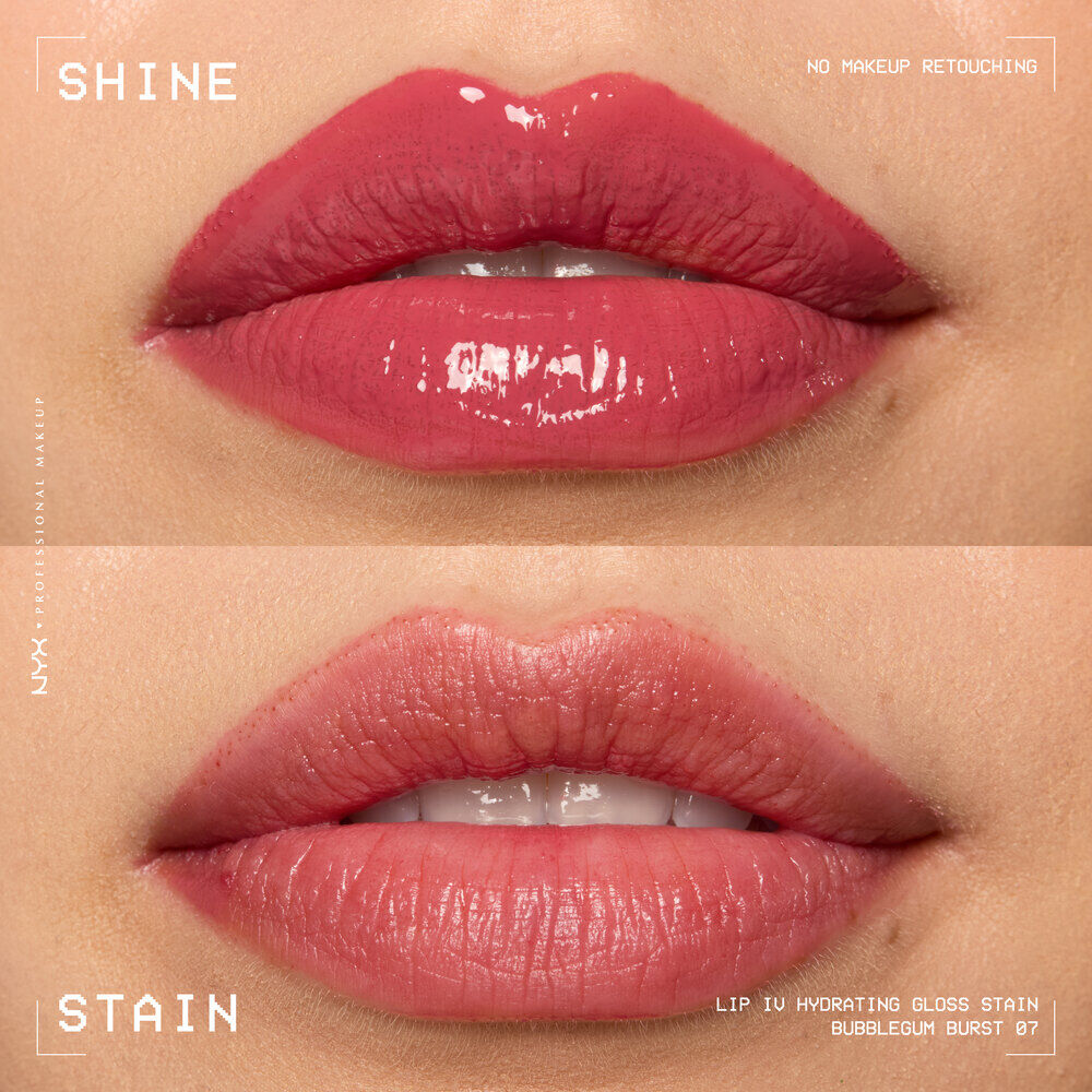 Heller Hautton: Nahaufnahme von  Lippen mit dem Lip IV Hydrating Gloss Stain in der Farbe Bubblegum Burst