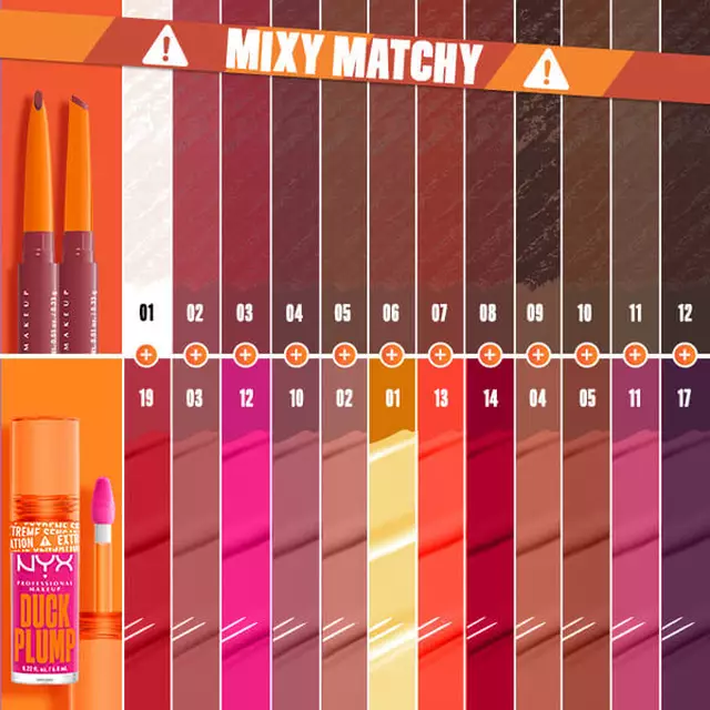 Farbtone des Duck Plump High Pigment Lip Gloss unter kontrastreichen Farbtonen des Duck Plump Plumping Lip Liner
