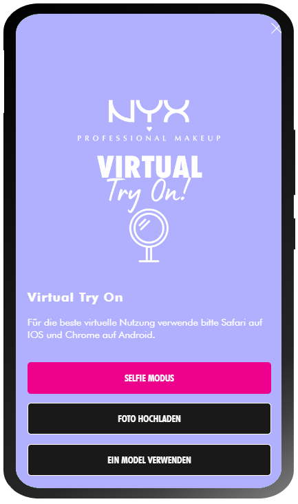Anleitung fur das Virtual-Try-On-Tool von NYX Professional Makeup: Schritt 1: Live anprobieren, Foto hochladen oder ein Model verwenden