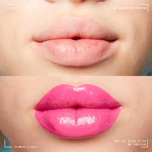 Oben: naturliche Lippen ohne Makeup. Unten: glanzende, pinke Lippen mit Pflege- und Lippenol.