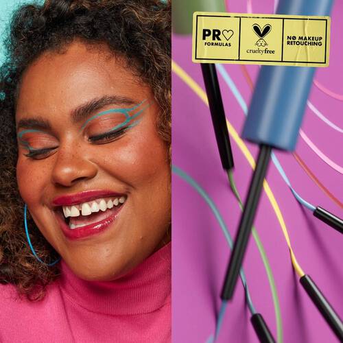 Geteiltes Bild, links lachende Frau mit buntem Make Up und rechts Nahaufnahme bunter Liquid Eyeliner