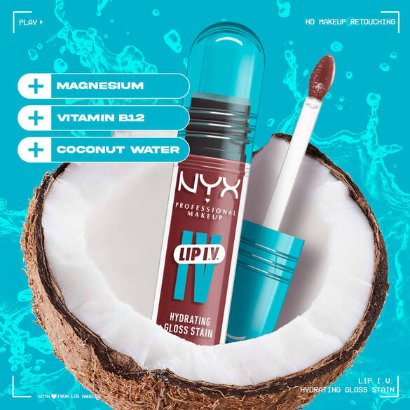 Ein Lipgloss von NYX in einer Kokosnuss-Halfe, beworben mit Magnesium, Vitamin B12 und Kokoswasser.