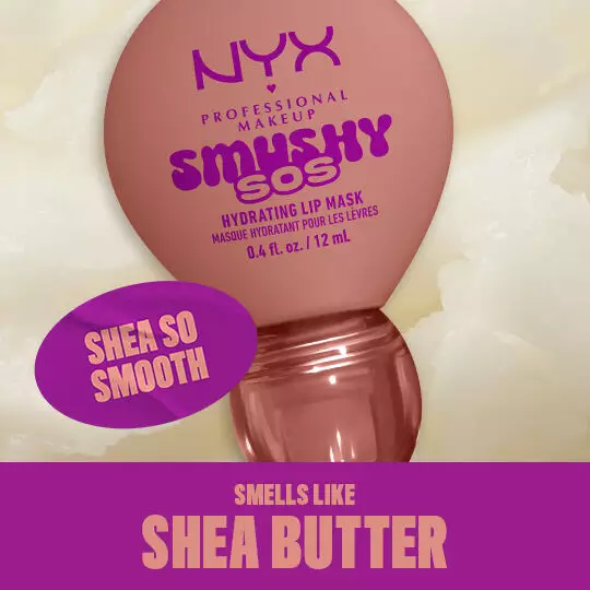 NYX Smushy SOS Lip Balm in Shea So Smooth und passenden Inhaltsstoffen im Hintergrund