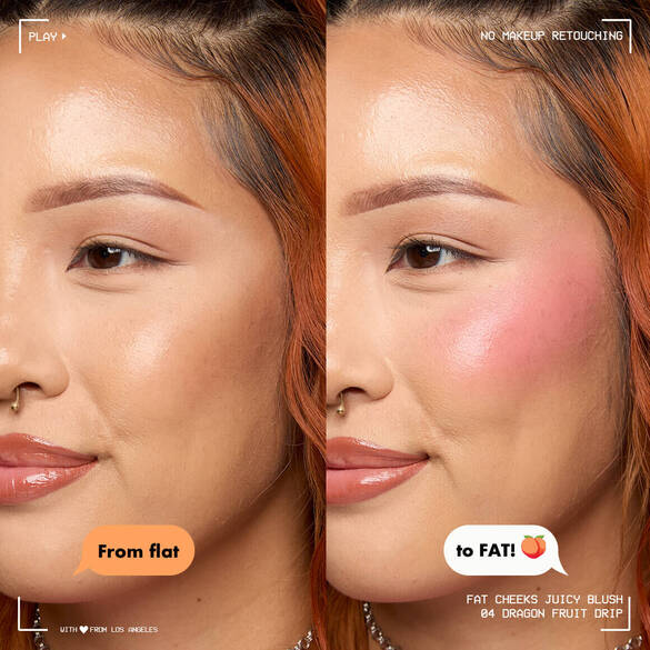 Vorher-Nachher-Vergleich einer ungeschminkten und geschminkten Wange mit dem Fat Cheeks Juicy Blush von NYX Professional Makeup