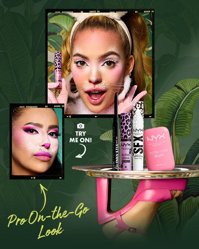 NYX Professional Makeup Bratty Bunny look featuring a model with bunny ears, pink eye makeup, whiskers and rosy cheeks. Products shown: Epic Inky Stix Black Screen, SFX Paint Stick Giving Ghost, Buttermelt Blush Butta Together and Butter Gloss Violet Vixen.