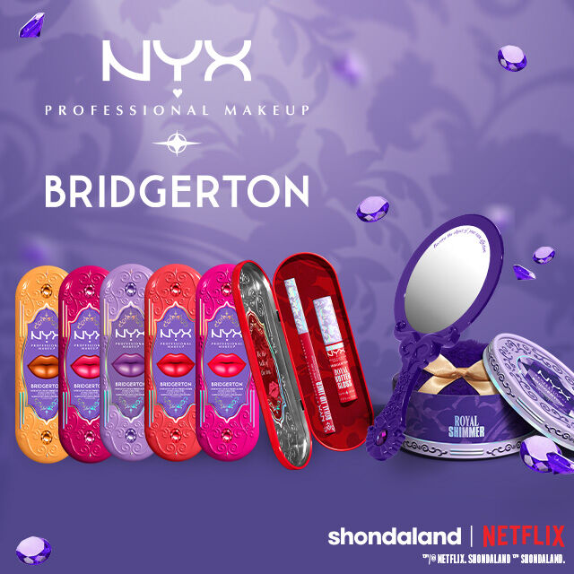 Wide banner for NYX Professional Makeup x Bridgerton collection. Left: 'Dearest reader, the secret's out! Get that royal pout.' text with 'Shop' button. Right: Collection makeup on purple background.