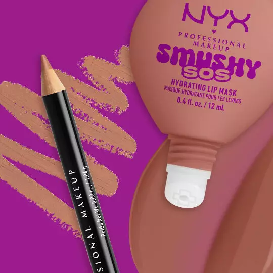 Kombinationsvorschlag fur das Lippen-Makeup mit einem NYX Lip Liner und dem Smushy SOS Lipbalm auf farbigem Hintergrund.