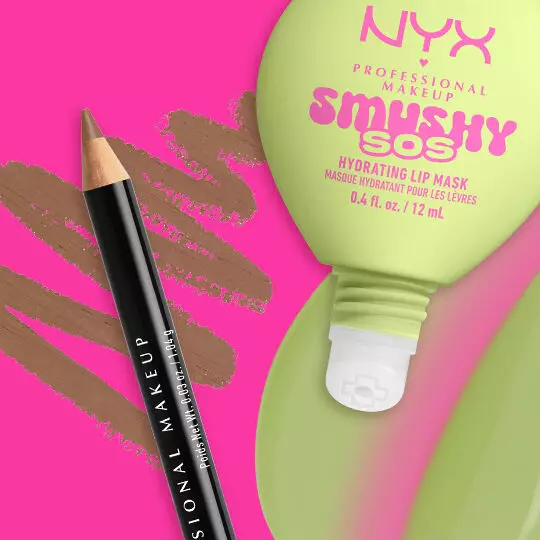 Kombinationsvorschlag fur das Lippen-Makeup mit einem NYX Lip Liner und dem Smushy SOS Lipbalm auf farbigem Hintergrund.
