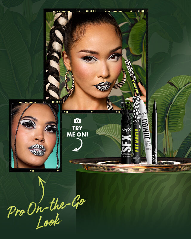 NYX Professional Makeup „Zesty Zebra“-Look: Model mit zebra-gestreiften Lippen, grafischem Schwarz-Weiß-Augen-Make-up und gestreiftem Outfit. Gezeigte Produkte: Epic Ink Liner in Black, Jumbo Eye Pencil in Milk White, SFX Paint Stick in Night Crawler und Fat Matte Fatal Pout.