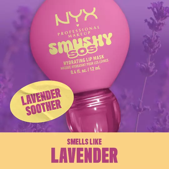NYX Smushy SOS Lip Balm in Lavender Soother und passenden Inhaltsstoffen im Hintergrund