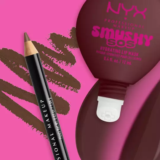 Kombinationsvorschlag fur das Lippen-Makeup mit einem NYX Lip Liner und dem Smushy SOS Lipbalm auf farbigem Hintergrund.