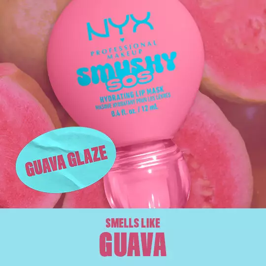 NYX Smushy SOS Lip Balm in Guava Glaze und passenden Inhaltsstoffen im Hintergrund