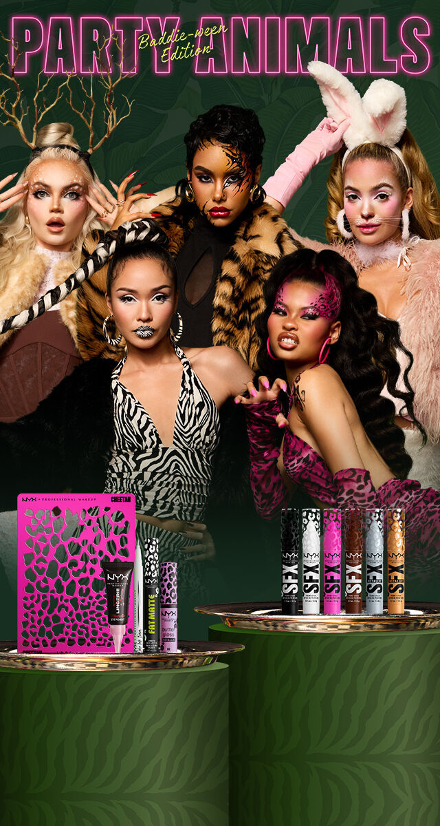 NYX Professional Makeup – Party Animals „Baddie-ween“-Edition Kampagnen-Banner mit funf Modellen in tierinspirierten Make-ups und Kostumen, prasentiert zusammen mit Lippenprodukten, einer Cheetah-Make-up-Palette und dem neonfarbenen „Party Animals“-Schriftzug.