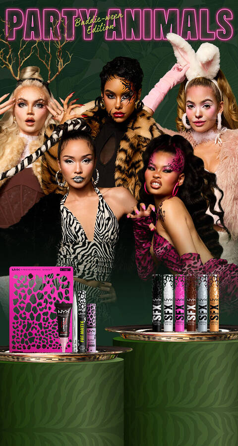 NYX Professional Makeup – Party Animals „Baddie-ween“-Edition Kampagnen-Banner mit funf Modellen in tierinspirierten Make-ups und Kostumen, prasentiert zusammen mit Lippenprodukten, einer Cheetah-Make-up-Palette und dem neonfarbenen „Party Animals“-Schriftzug.