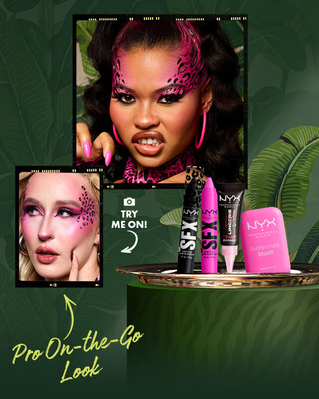 NYX Professional Makeup „Freaky Feline“-Look: Model mit leuchtend pinkfarbener Leo-Muster-Gesichtsbemalung, pinkfarbenem Outfit und passenden Nageln. Gezeigte Produkte: Lid Lingerie in Gothic Garter, SFX Paint Stick in Night Crawler, SFX Paint Stick in Pink Potions und Buttermelt Blush in My Butta Half.